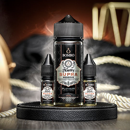 E-liquide Bombo Platinum Tobaccos - Nutty Supra Reserve 100ml (Tabac blond doux, caramel, beurre de cacahuètes, double maturation)