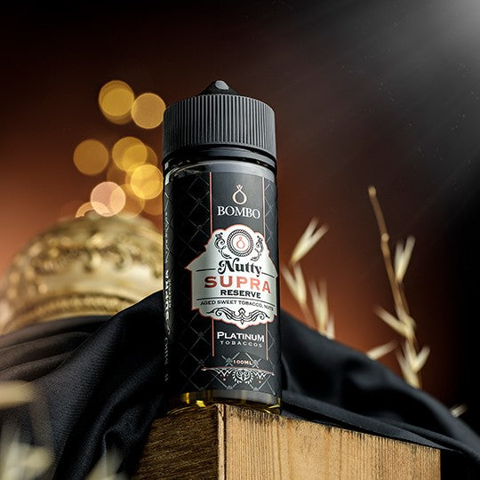 E-liquide Bombo Platinum Tobaccos - Nutty Supra Reserve 100ml (Tabac blond doux, caramel, beurre de cacahuètes, double maturation) – Image 3